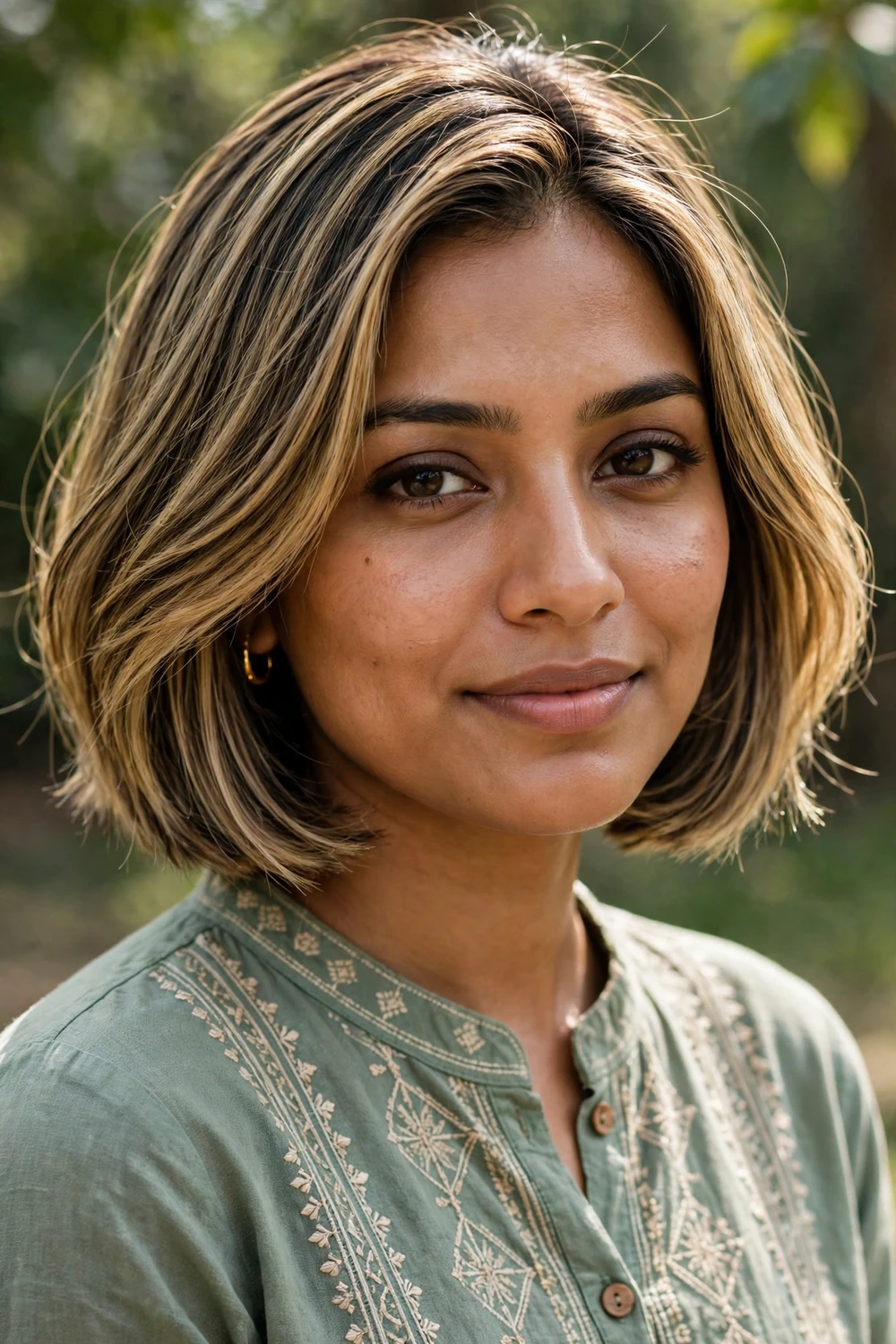 Woman with a dark blonde bob, deep honey tones and natural-looking color