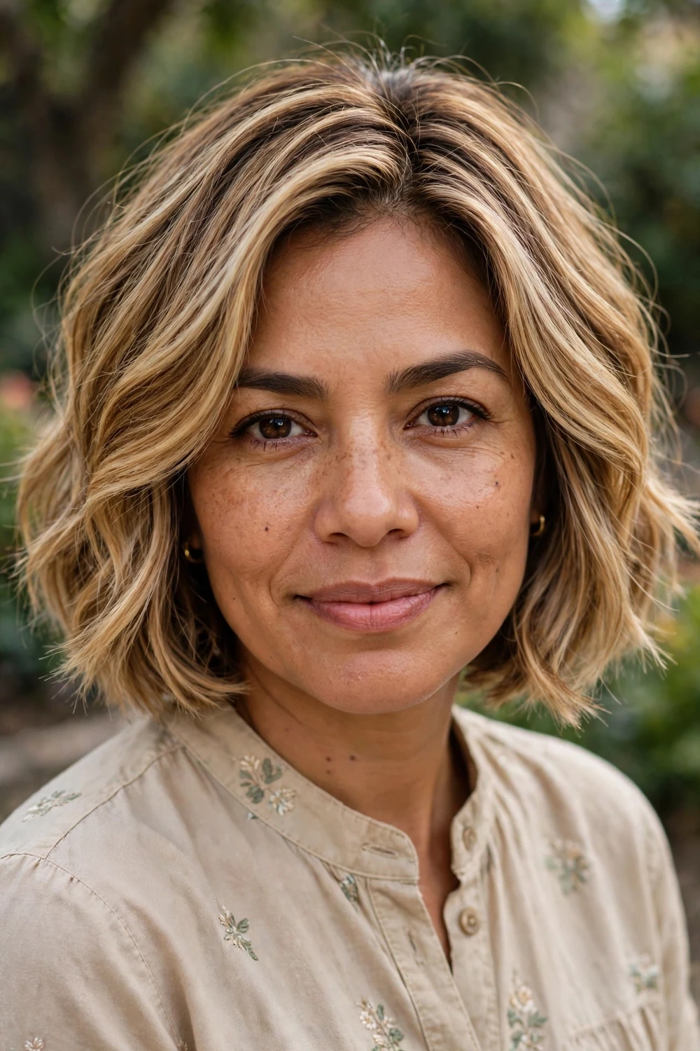 Woman with a dimensional warm blonde bob, multi-tonal color with depth