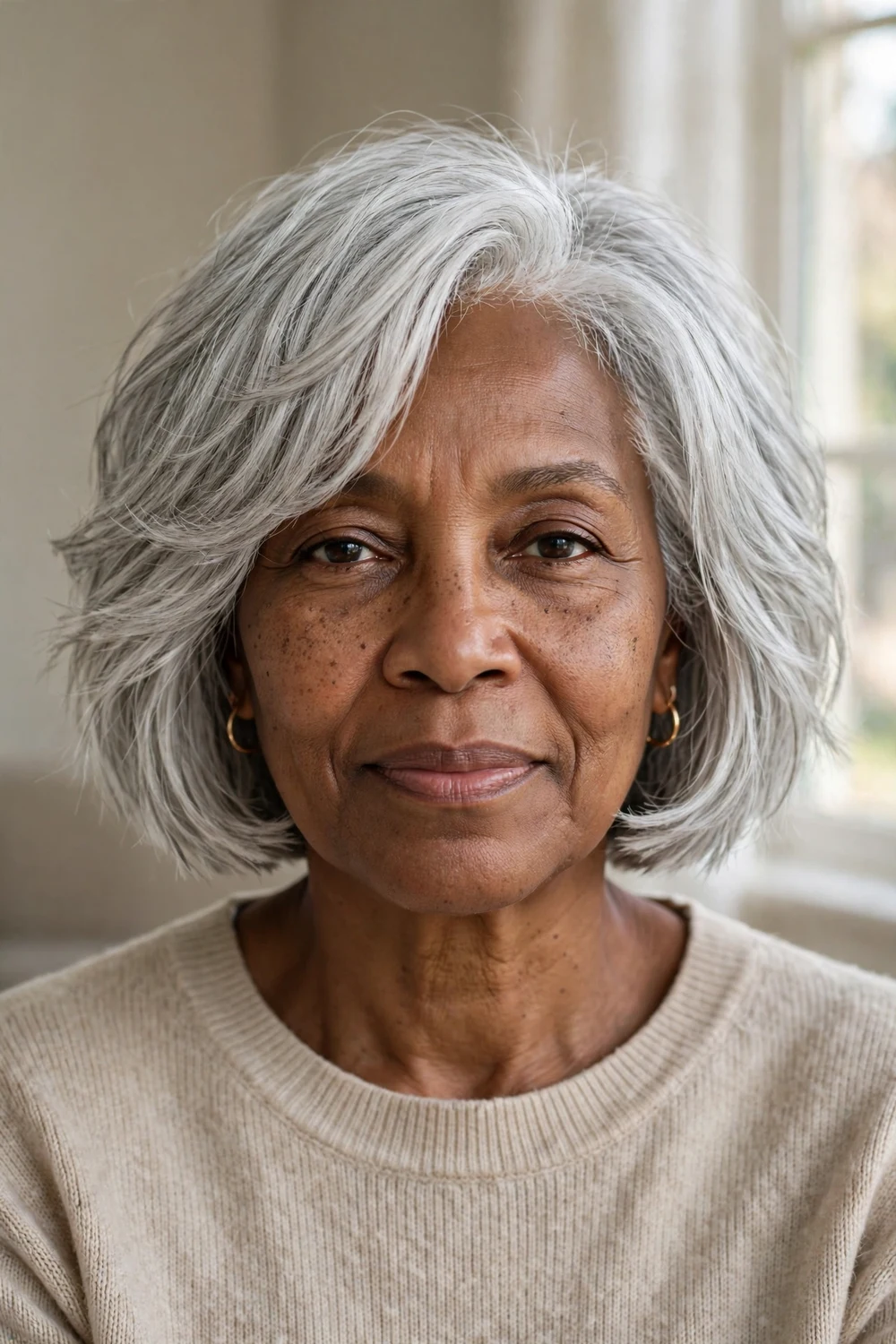 Silver textured bob on a woman over 50, chin-length with soft choppy layers