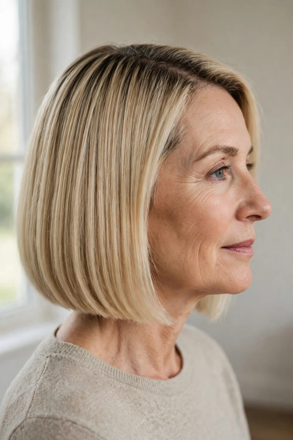 Sleek blonde bob with natural dark roots on a woman over 50, jaw-length