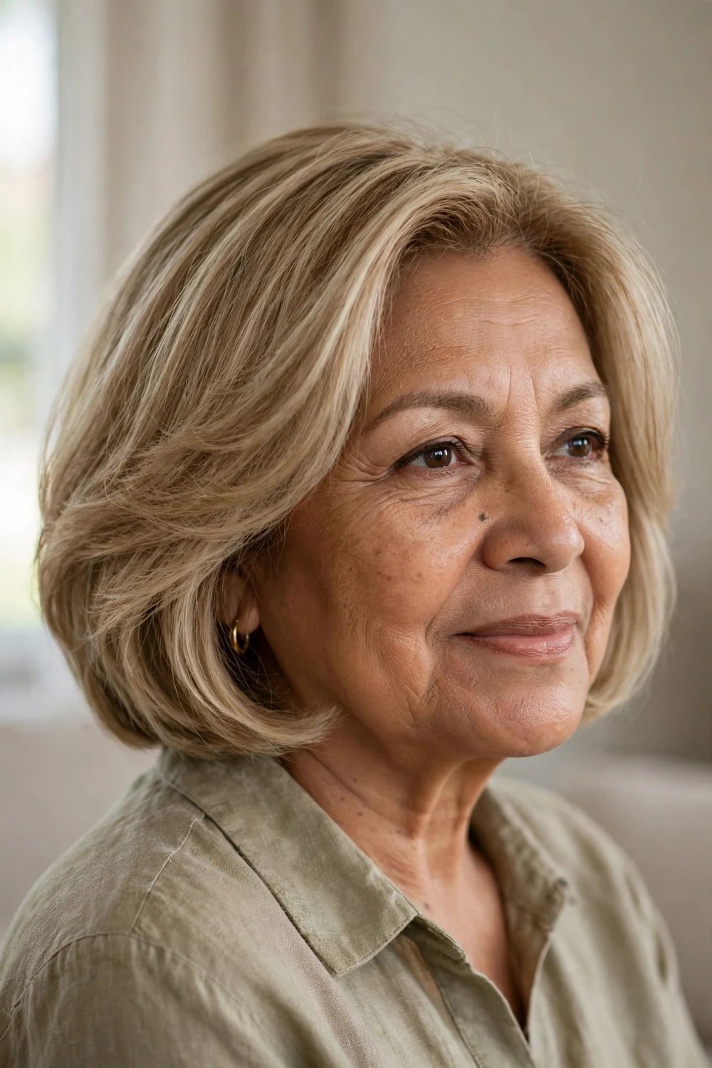 Classic light blonde bob with soft contouring layers on a woman over 50
