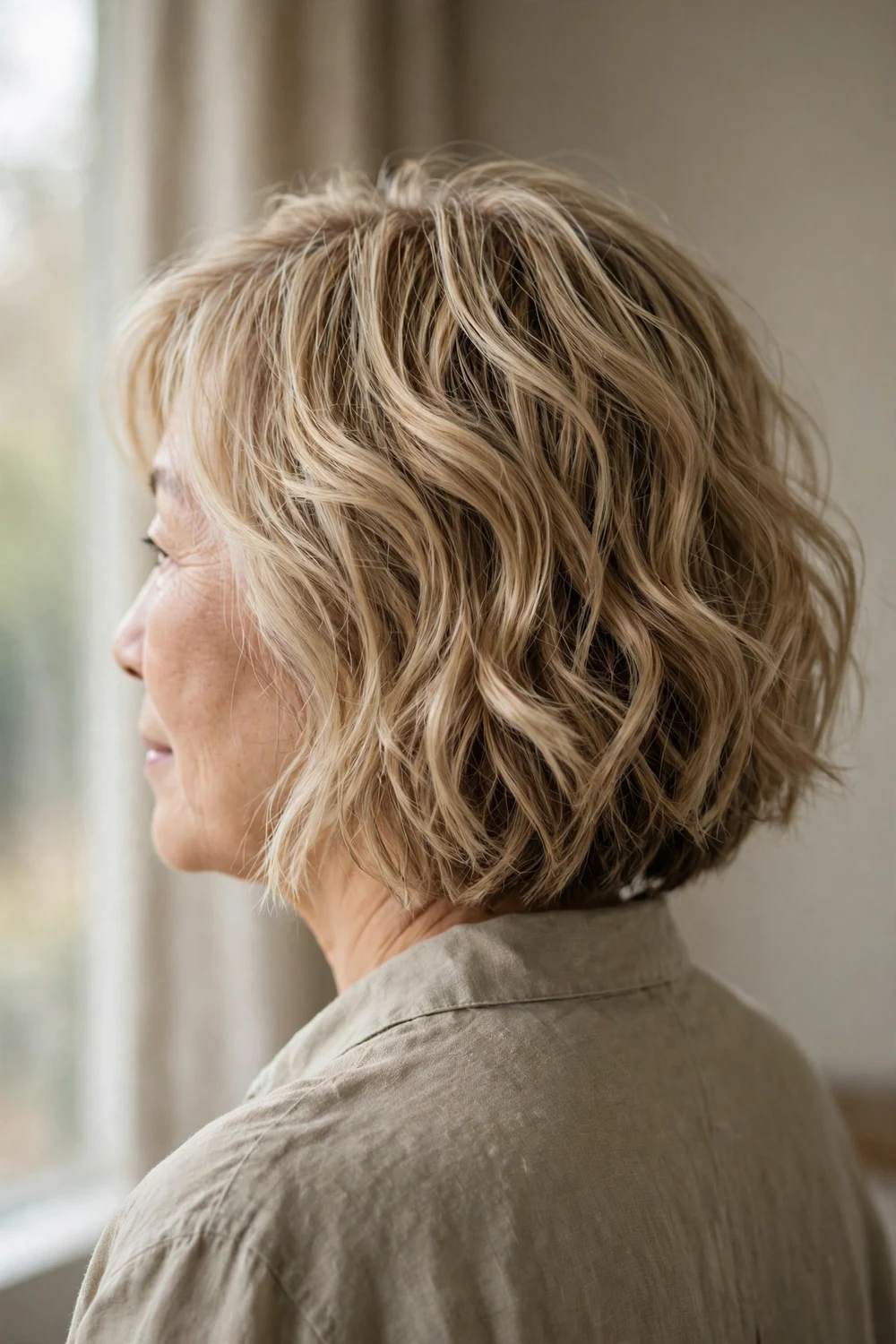 Textured blonde bob with loose waves and light highlights on a woman over 50