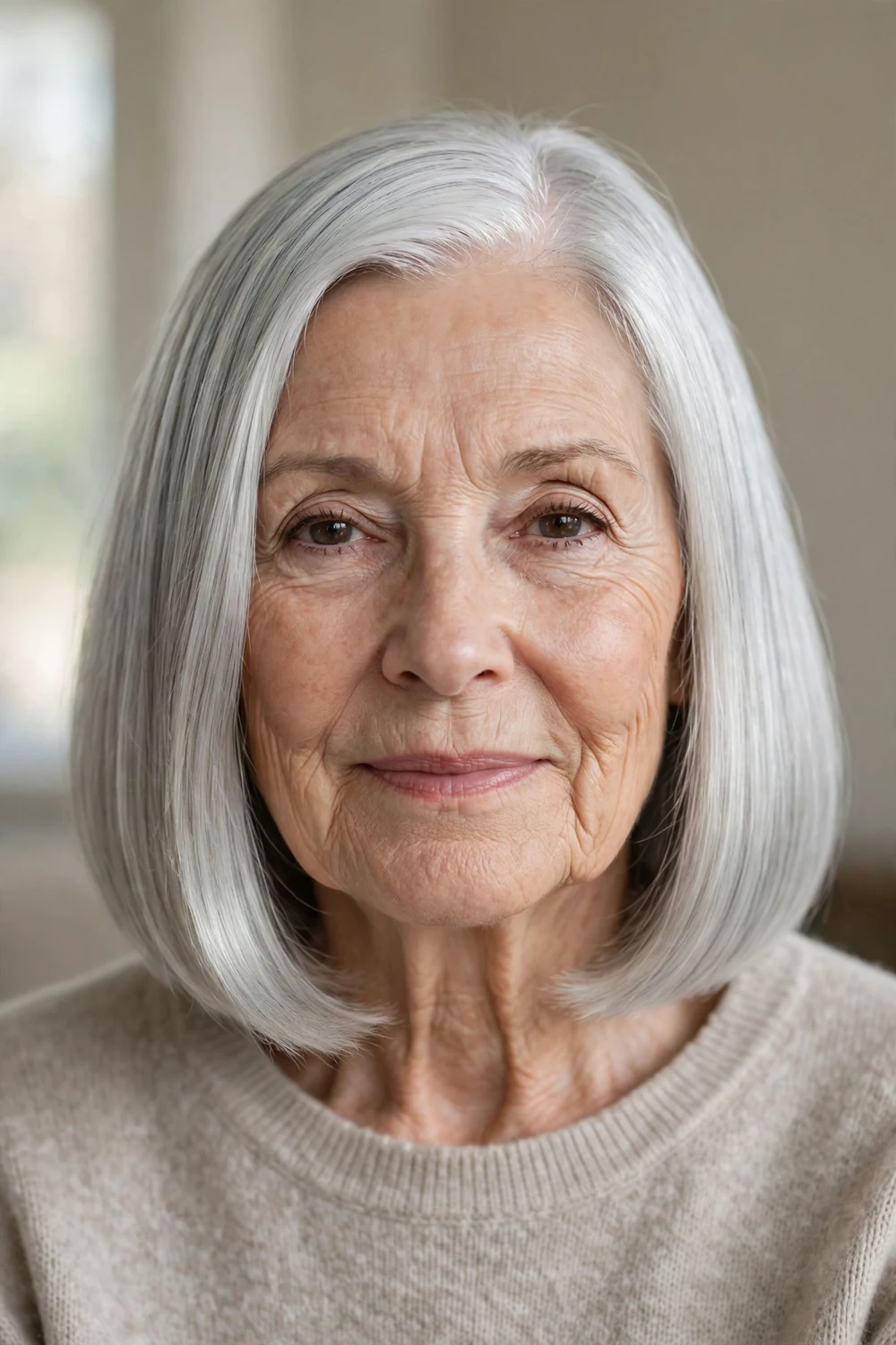 Smooth silver bob with luminous shine on a woman over 50, straight finish