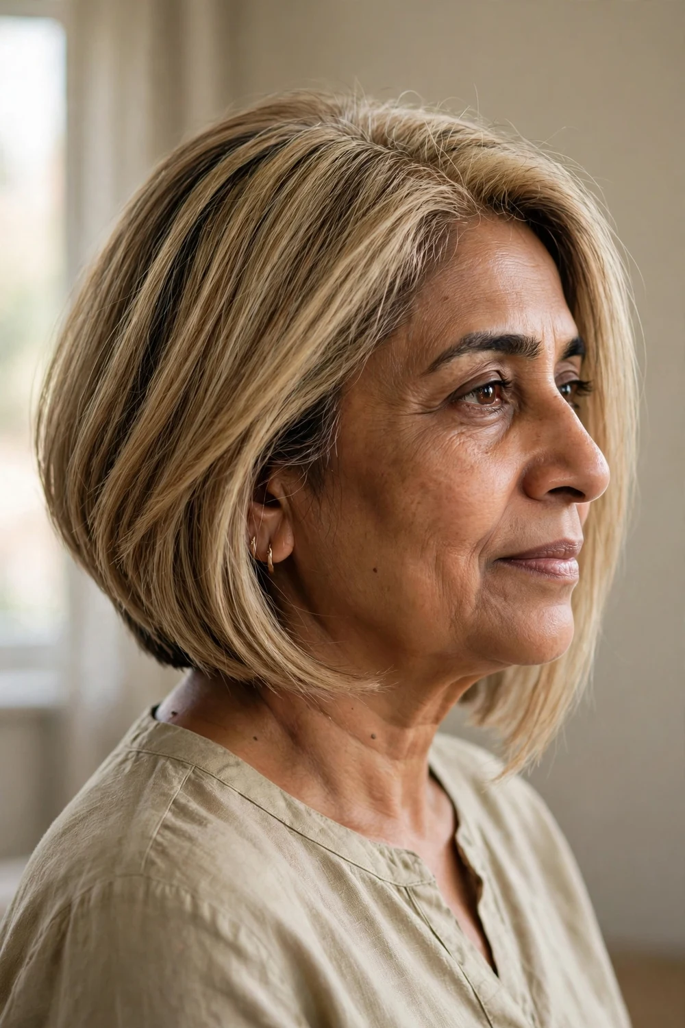 Light blonde angled bob with sunkissed highlights on a woman over 50, side view