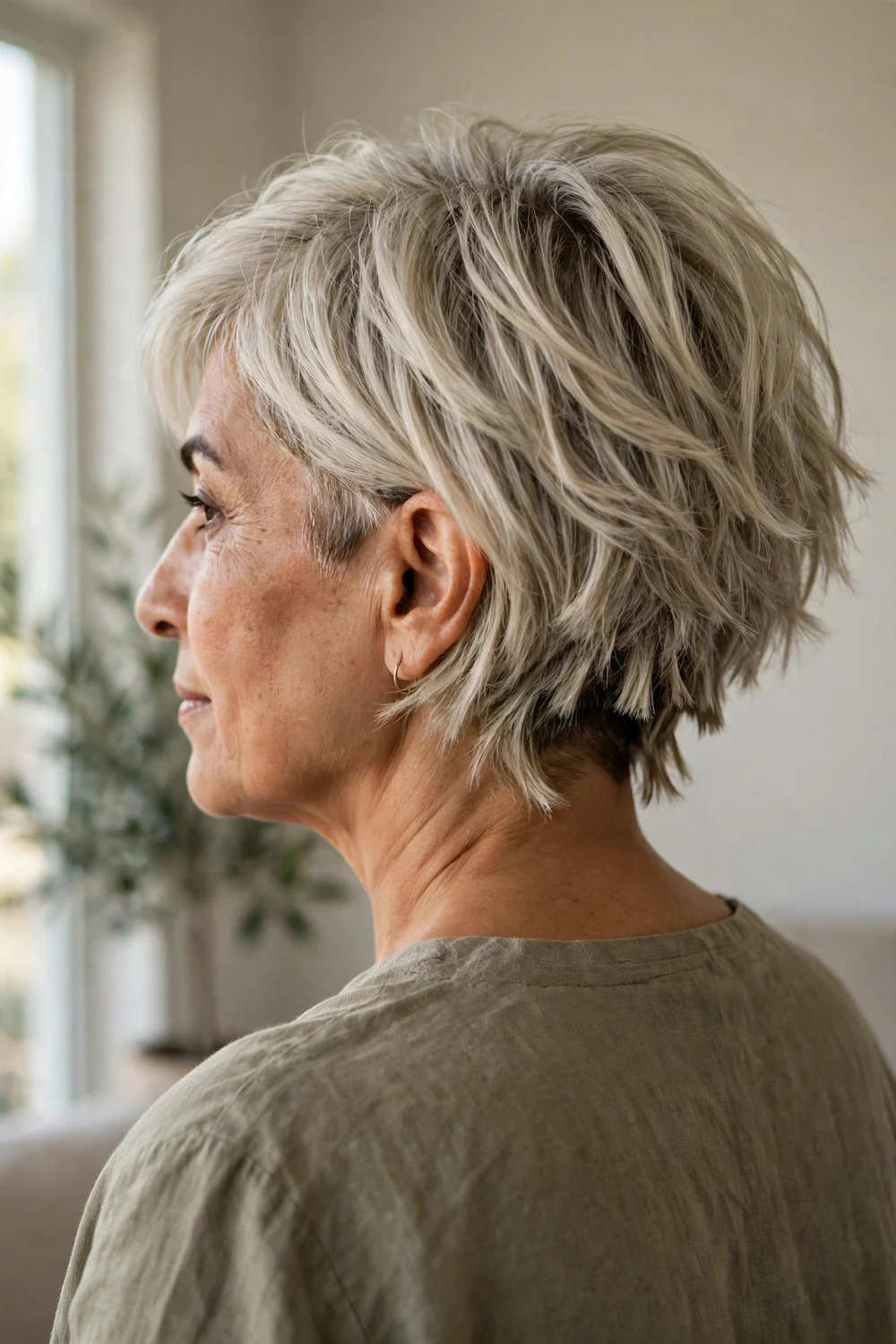 Ash blonde textured bob with subtle undercut on a woman over 50, back view