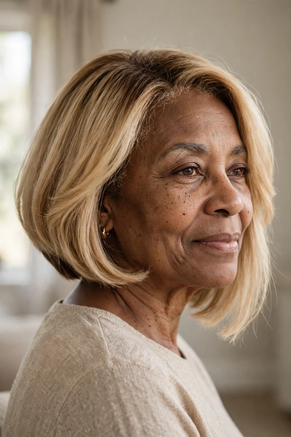 Blonde A-line bob with soft feathering around the face on a woman over 50