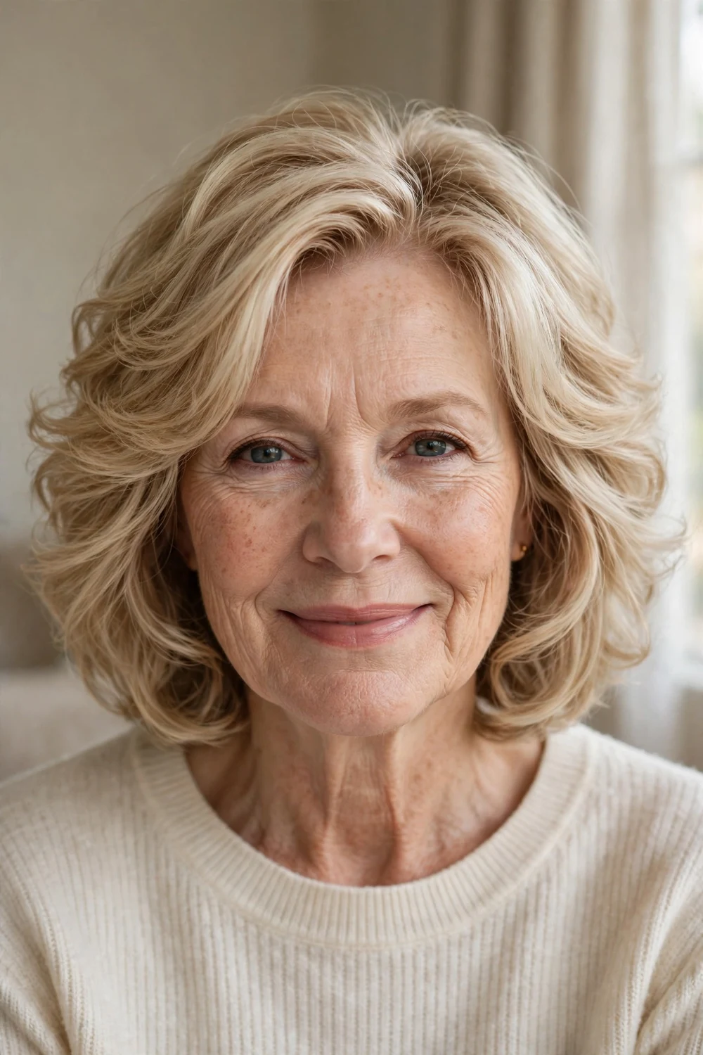 Blonde layered bob with soft waves on a woman over 50