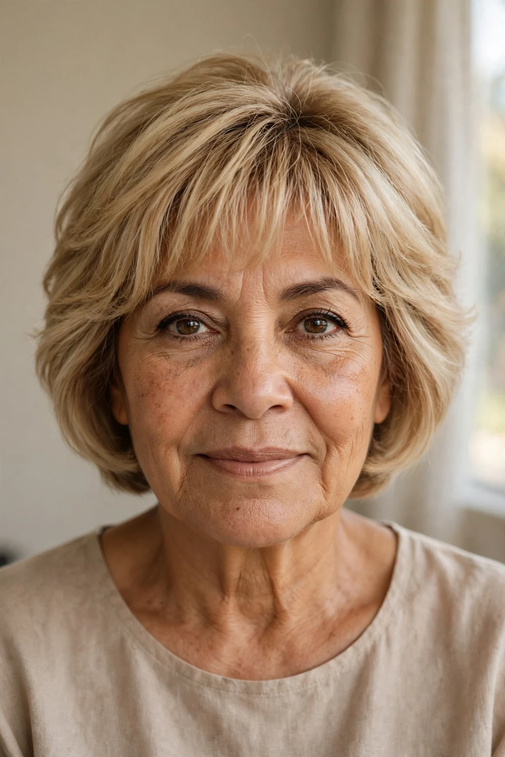 Short blonde bob with soft wispy bangs on a woman over 50