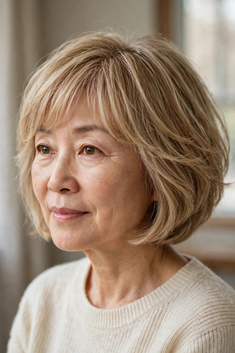 Blonde bob with softly textured fringe on a woman over 50