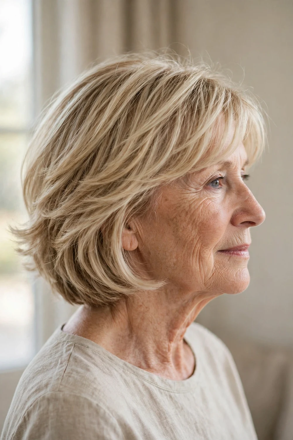 Blonde layered bob with gradual textured layers on a woman over 50, side view