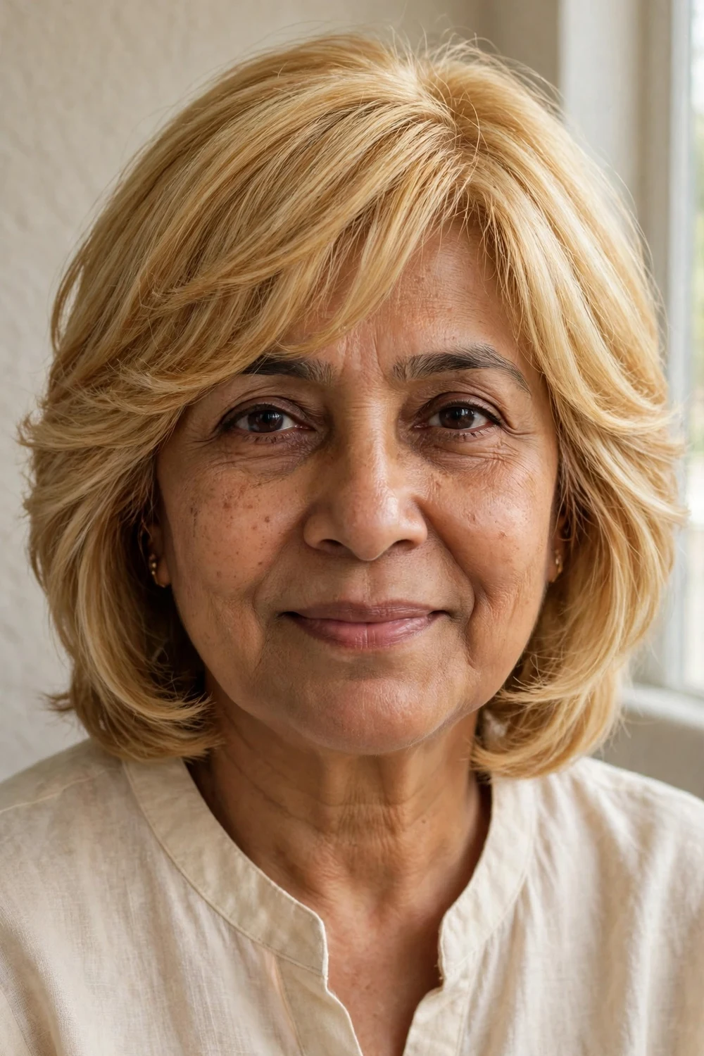 Golden layered bob with side-swept bangs on a woman over 50