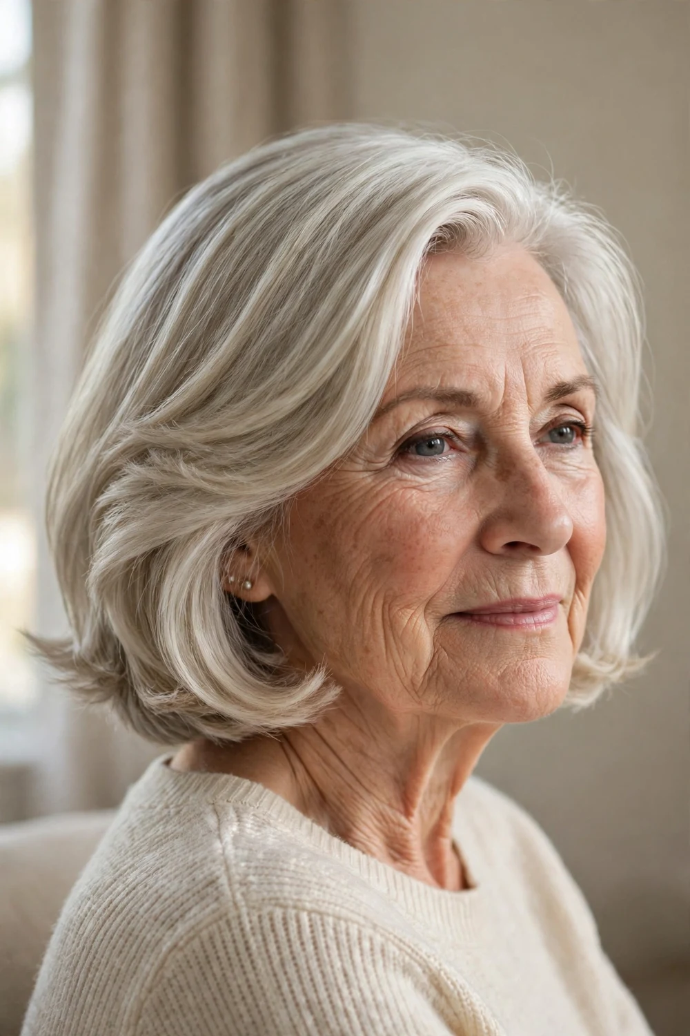 Silver blonde side-parted bob on a woman over 50