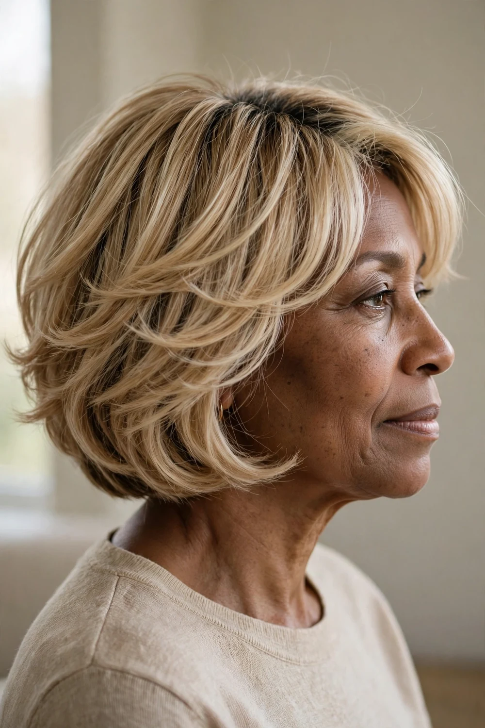 Feathered blonde bob with soft highlights on a woman over 50, side view
