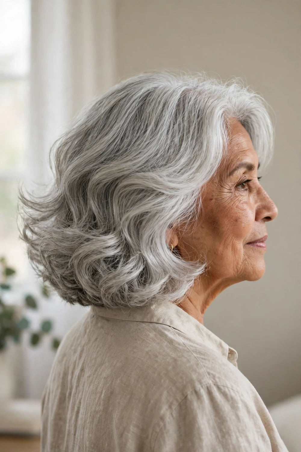 Silver voluminous bob with flowing waves on a woman over 50, back view