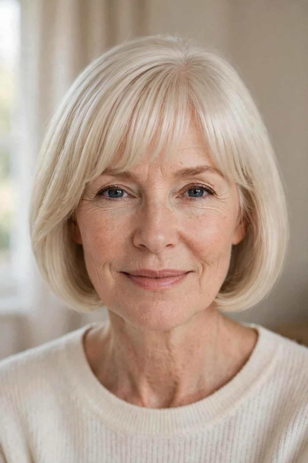 Refined platinum blonde bob with soft front bangs on a woman over 50