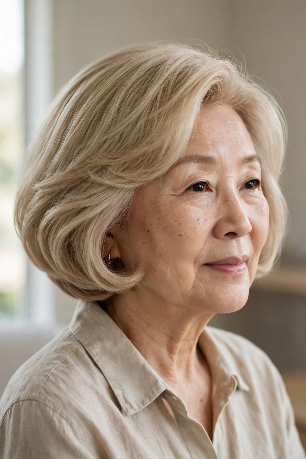 Light blonde rounded bob with soft layers on a woman over 50