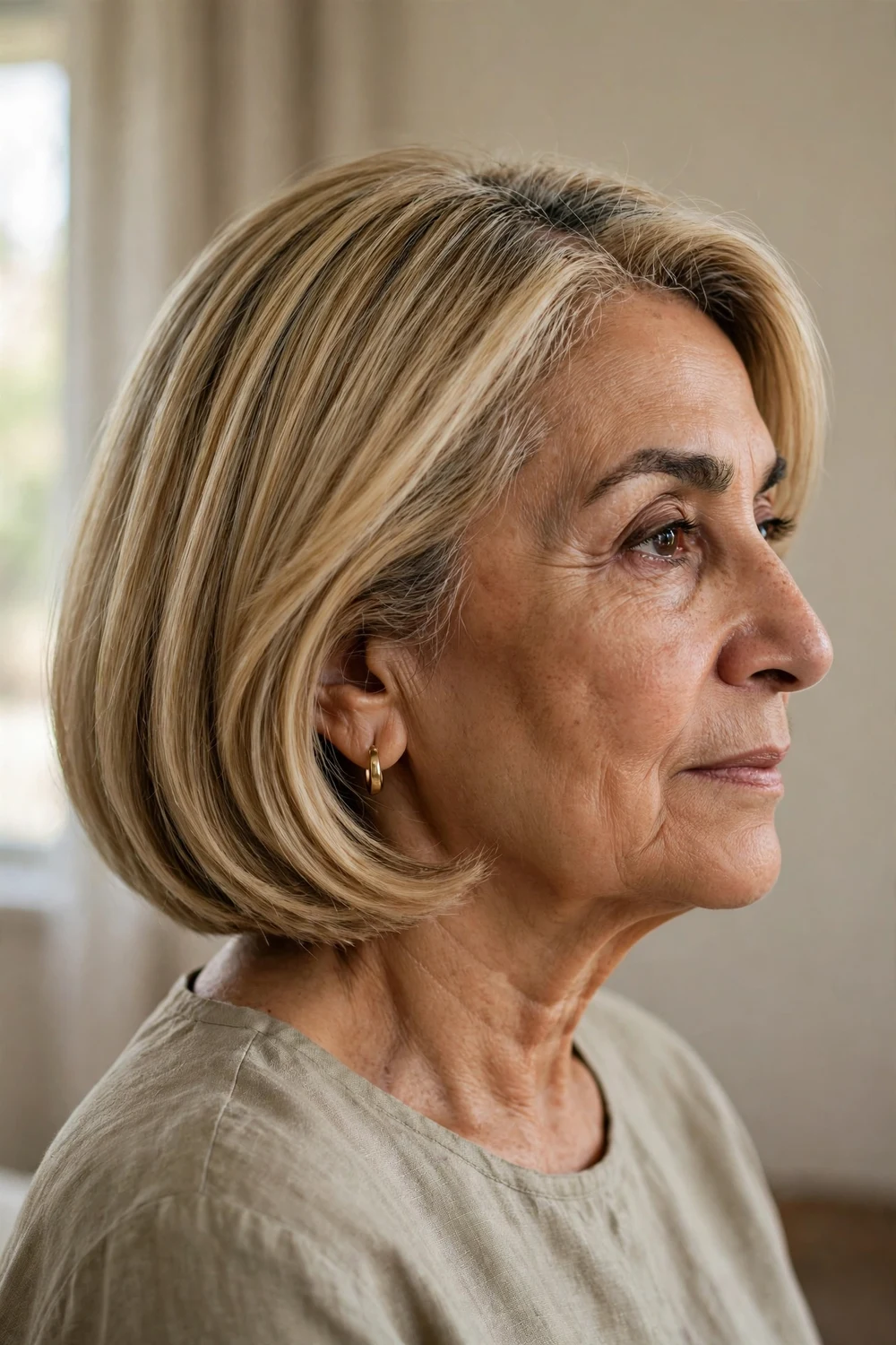 Classic sleek blonde bob with subtle layers on a woman over 50, side view