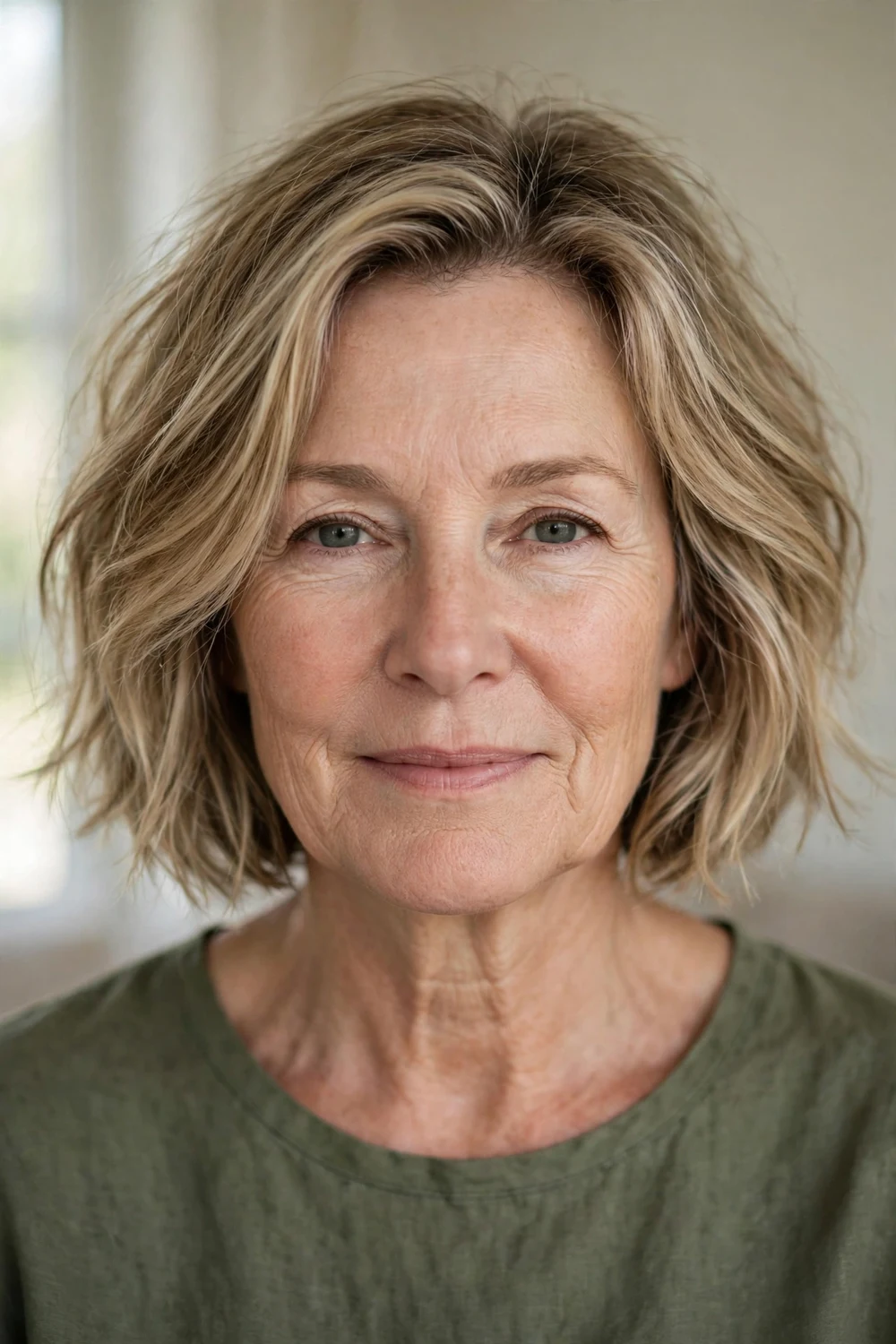 Dirty blonde bob with natural muted blonde-brown blend on a woman over 50