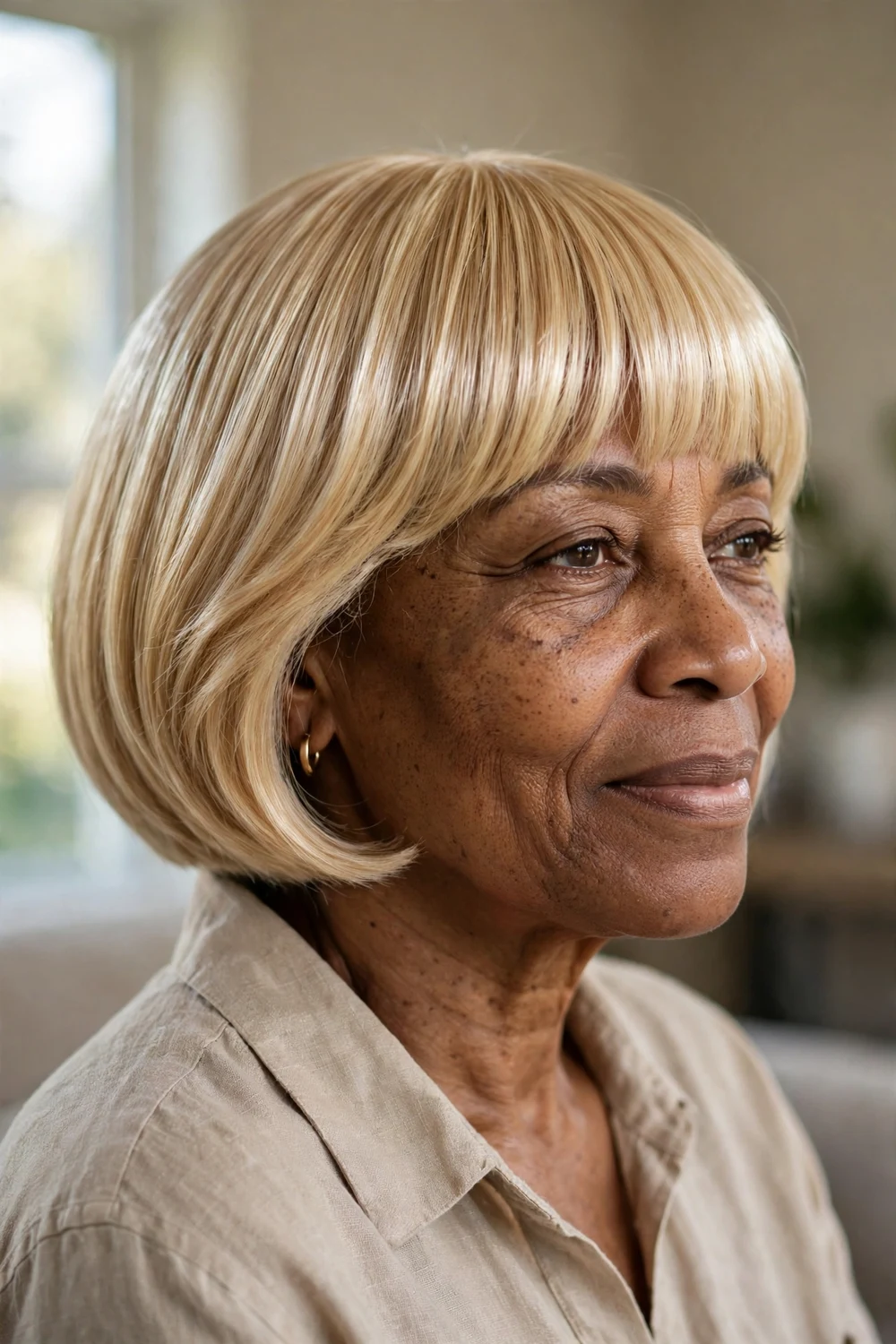 Glossy blonde bob with full fringe and high shine on a woman over 50