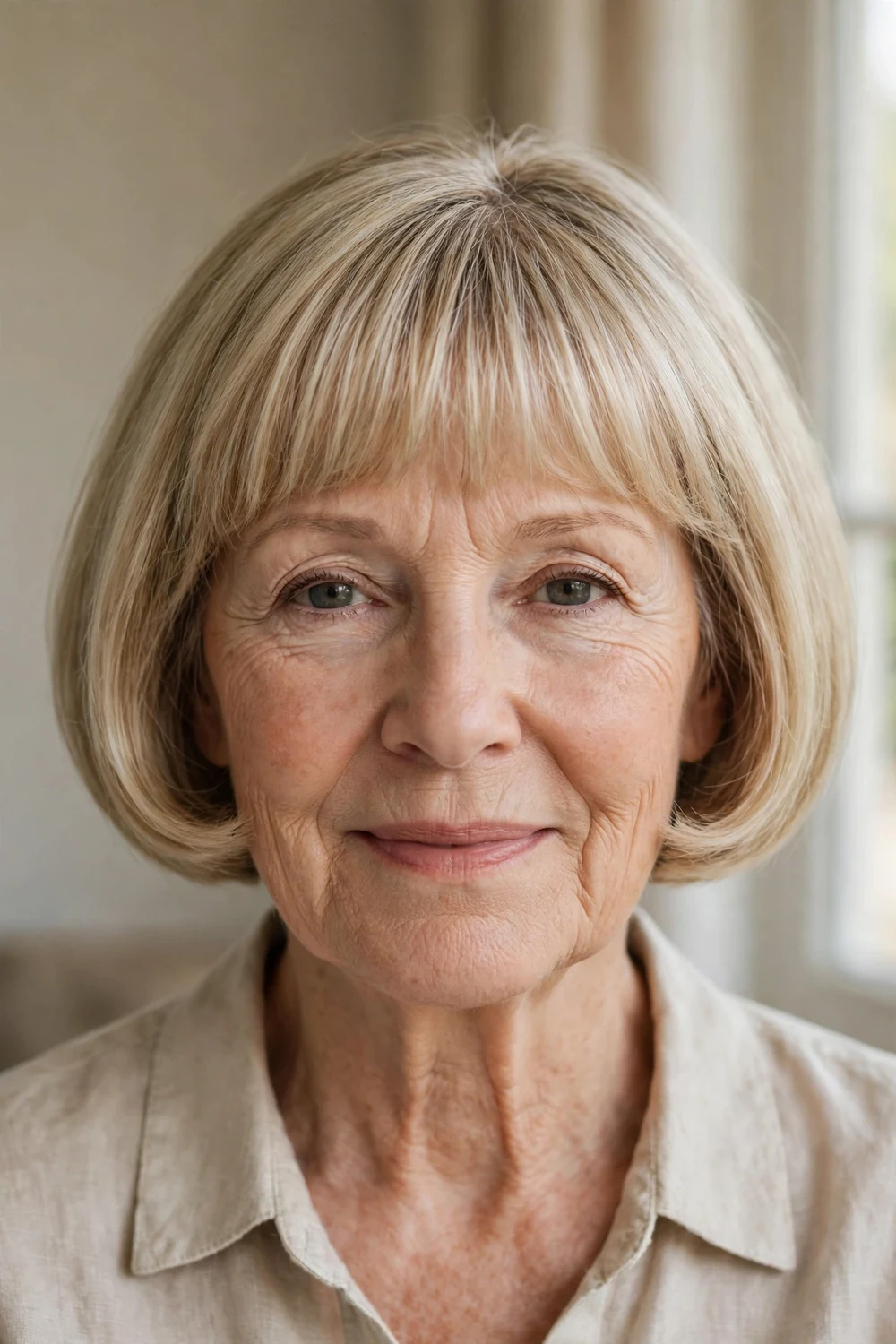 Blonde French bob with full fringe for thinning hair on a woman over 50