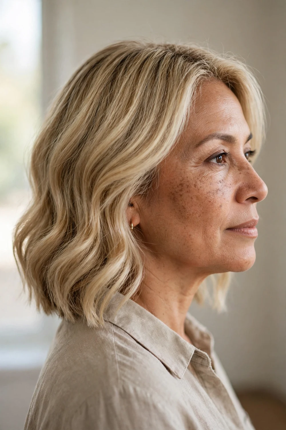 Blonde angled lob with soft waves on a woman over 50, longer bob length