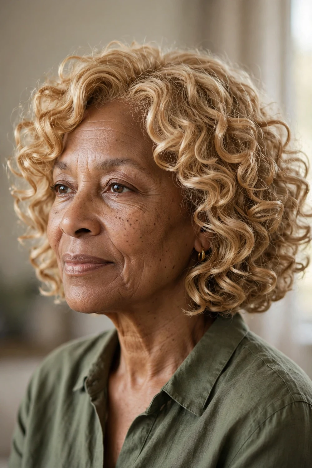 Blonde curly bob with defined bouncy curls on a woman over 50