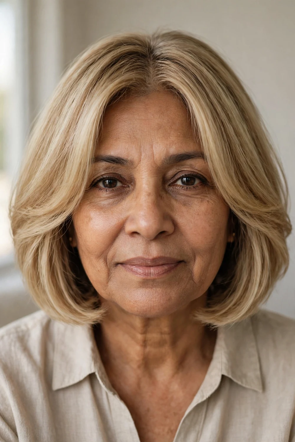 Blonde bob with curtain bangs parted in the middle on a woman over 50