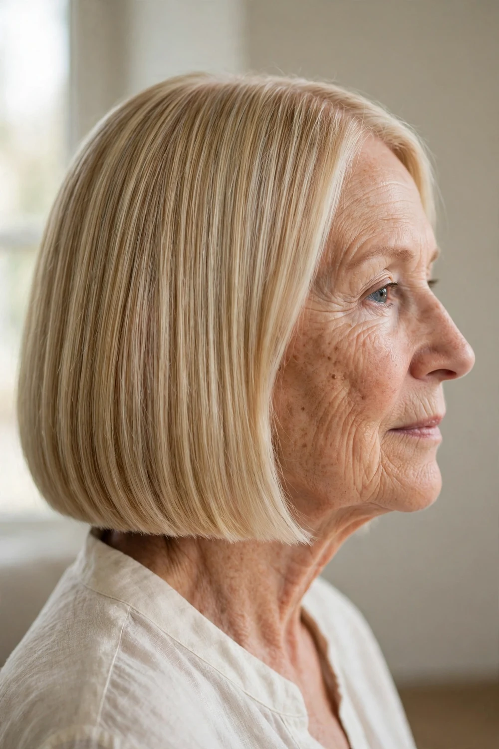 Blonde blunt bob with sharp even ends on a woman over 50, side view