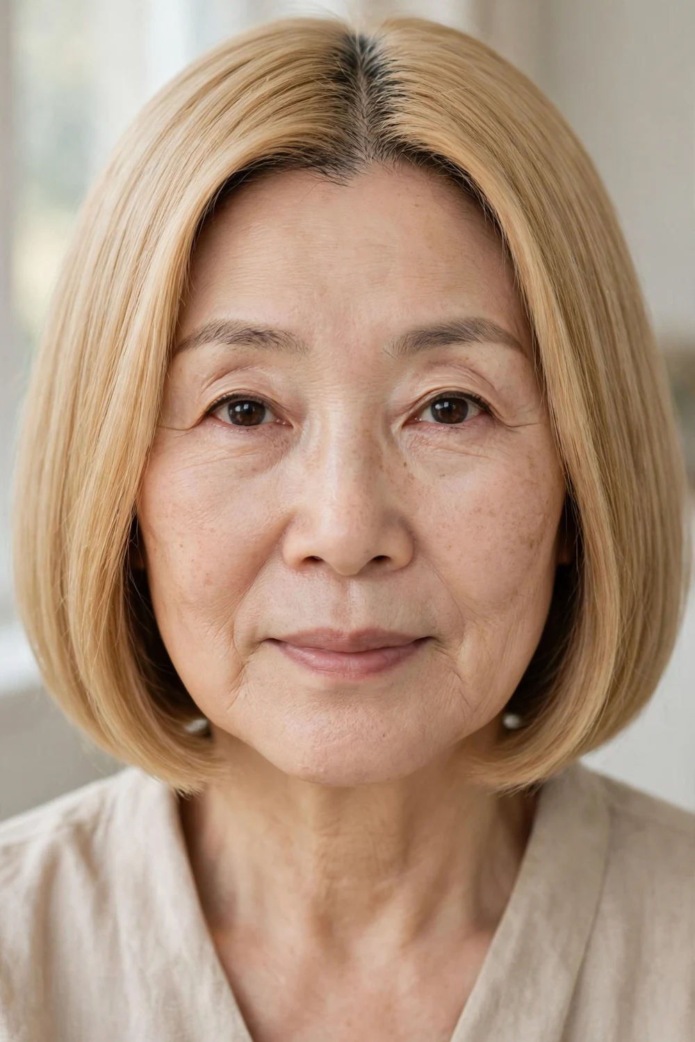 Blonde middle-parted bob with symmetrical face-framing sections on a woman over 50