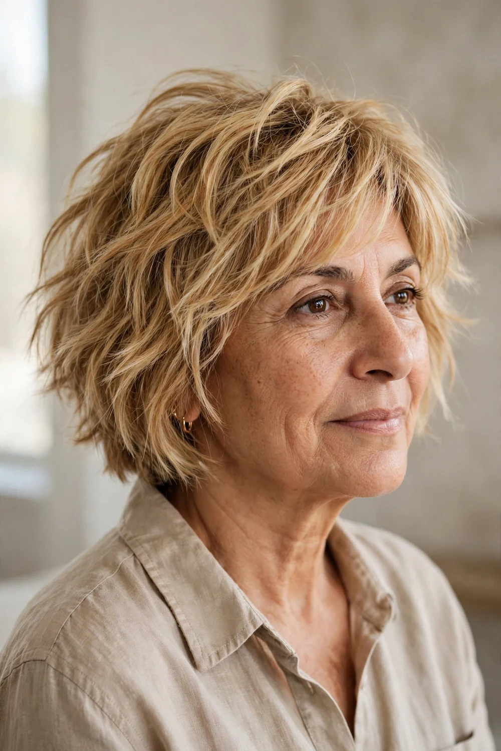 Buttery warm blonde choppy bob with textured layers on a woman over 50