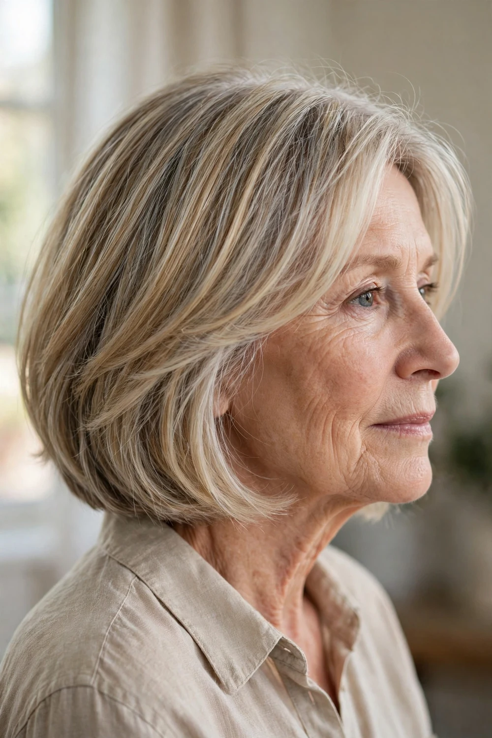 Blonde bob with gray-blending highlights on a woman over 50, natural silver strands