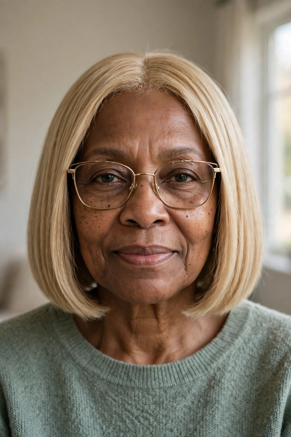 Blonde chin-length bob styled with eyeglasses on a woman over 50
