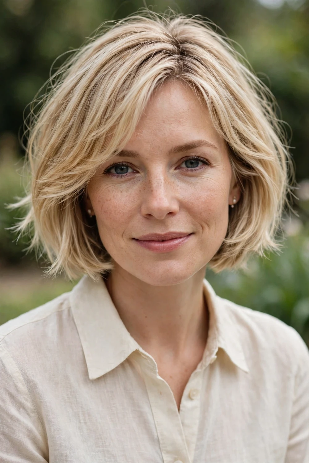 Woman with a chic French blonde bob, chin-length with effortless texture