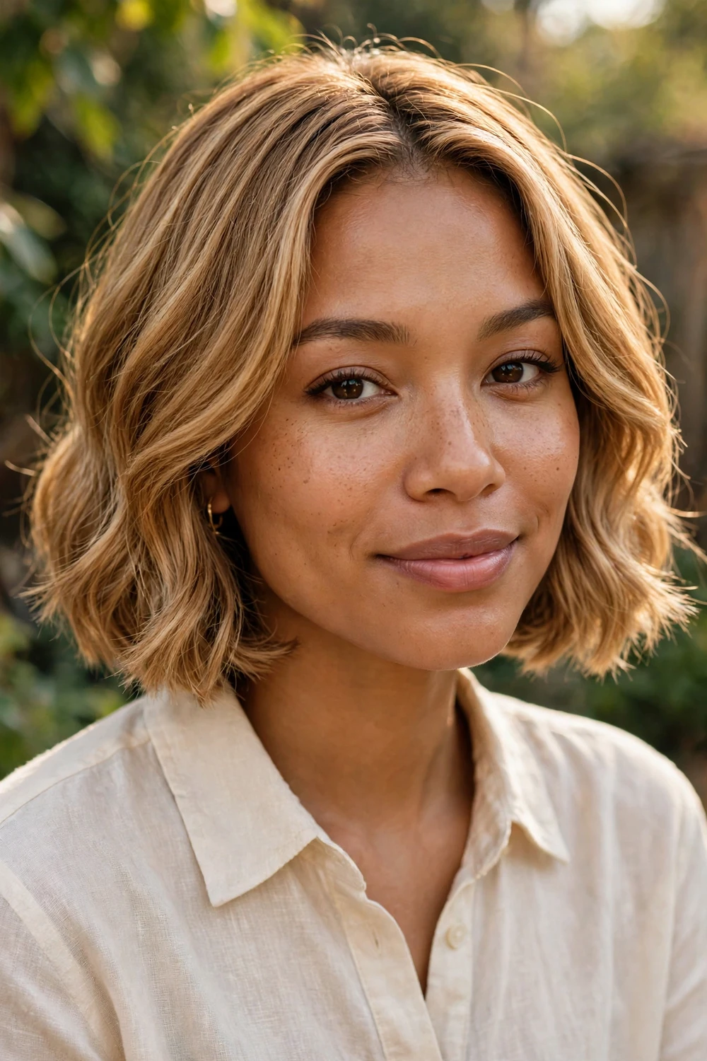 Woman with a honey caramel blonde bob, warm golden tones for all seasons