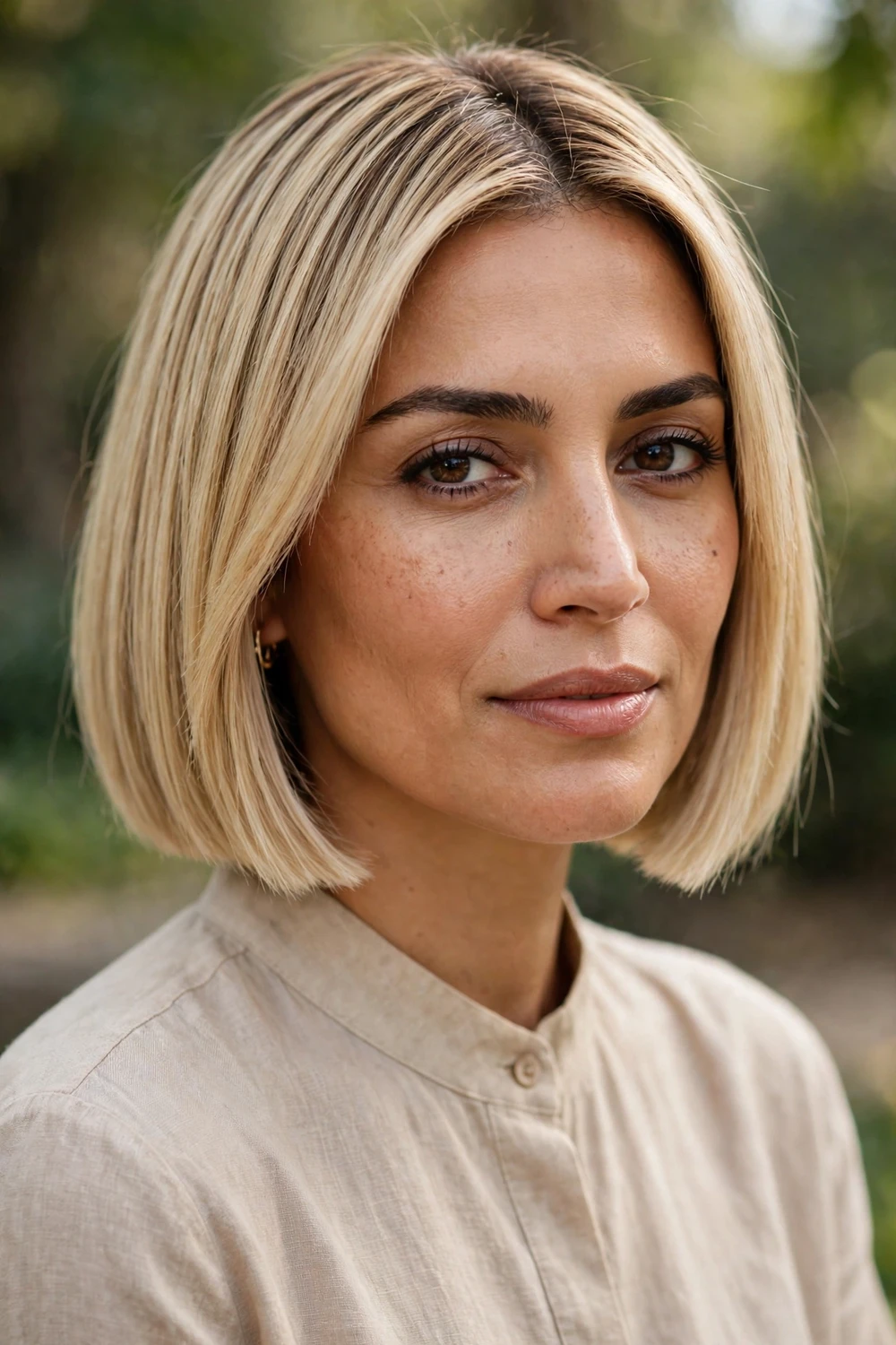 Woman with a jawline blunt blonde bob, sharp ends at the jaw with clean lines