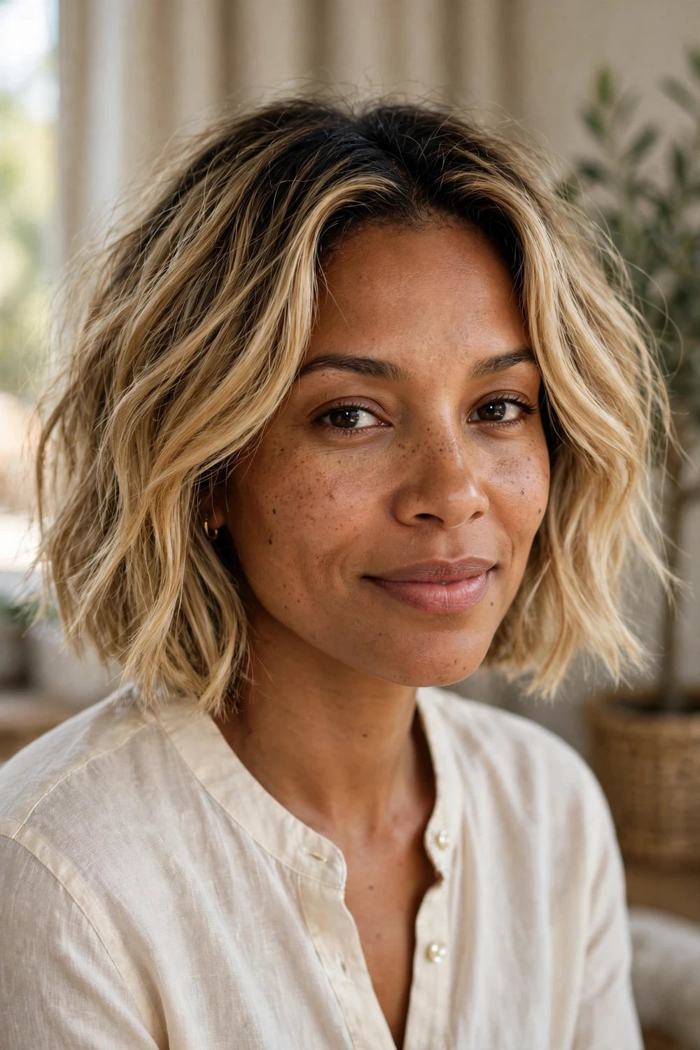Woman with a lived-in blonde bob, soft grow-out and natural dimension