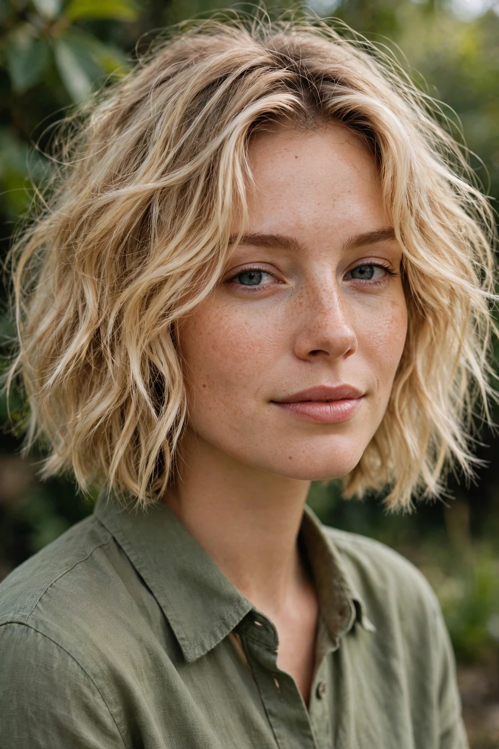 Woman with a messy blonde bob, tousled texture with wavy front pieces