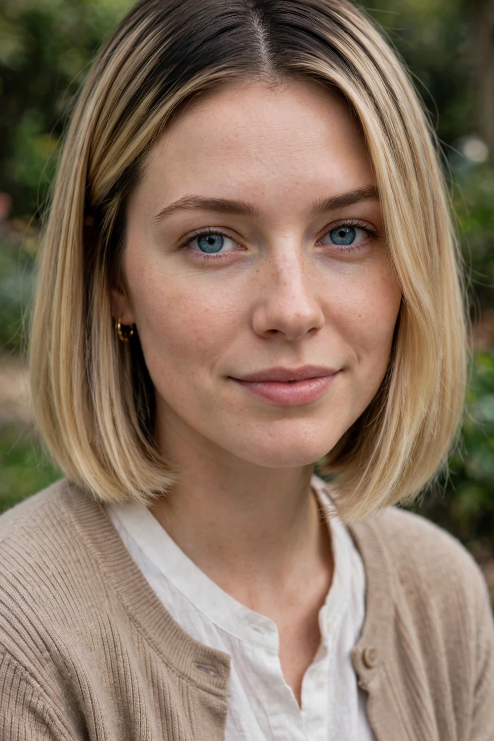 Woman with a mid-parted blonde bob, neck-length straight hair with dark roots fading to blonde