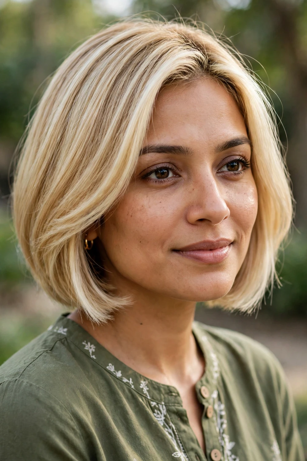 Woman with a blonde bob featuring bright money-piece highlights framing the face