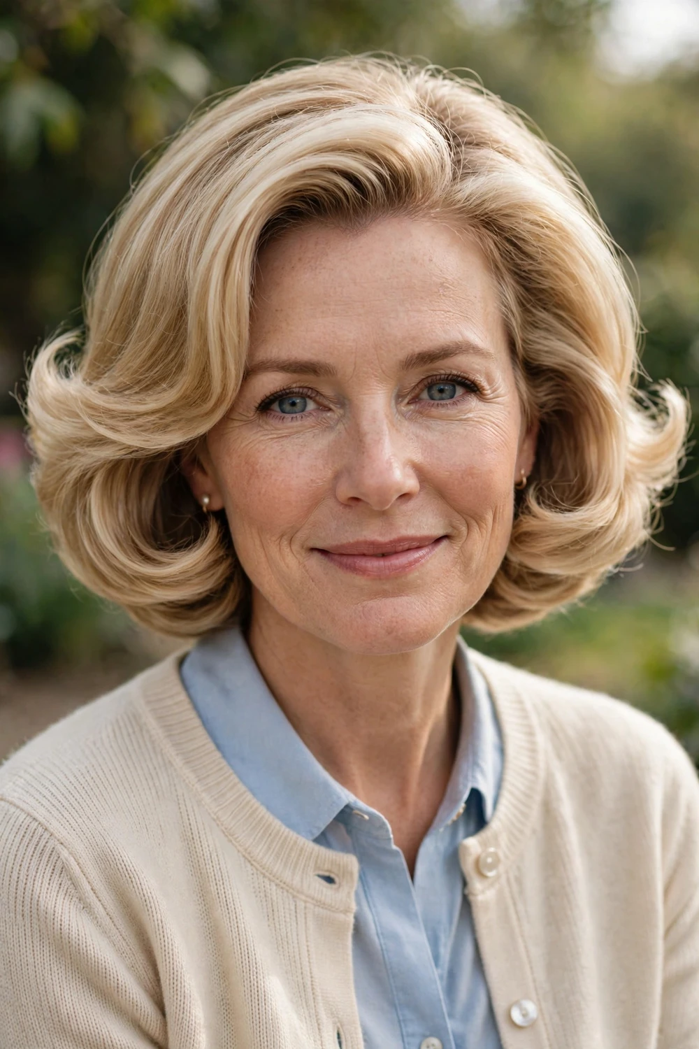 Woman with a bouncy old-money blonde bob, voluminous blowout and polished ends