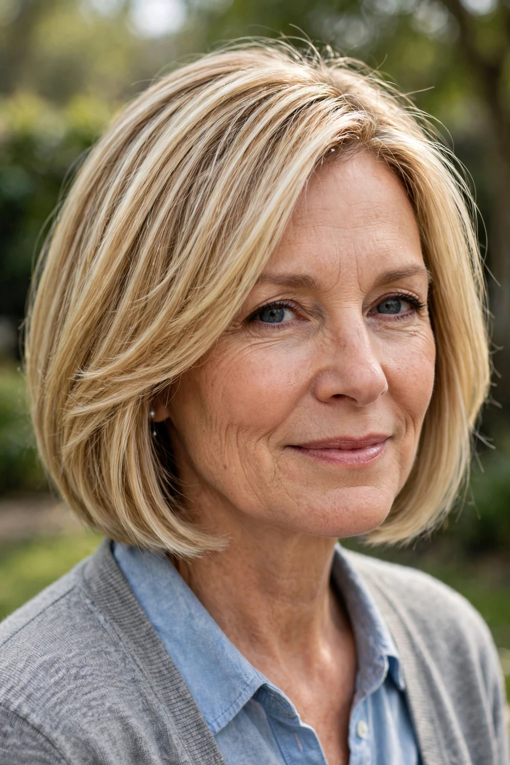 Woman with a blonde bob with partial highlights, brightness through the top layers