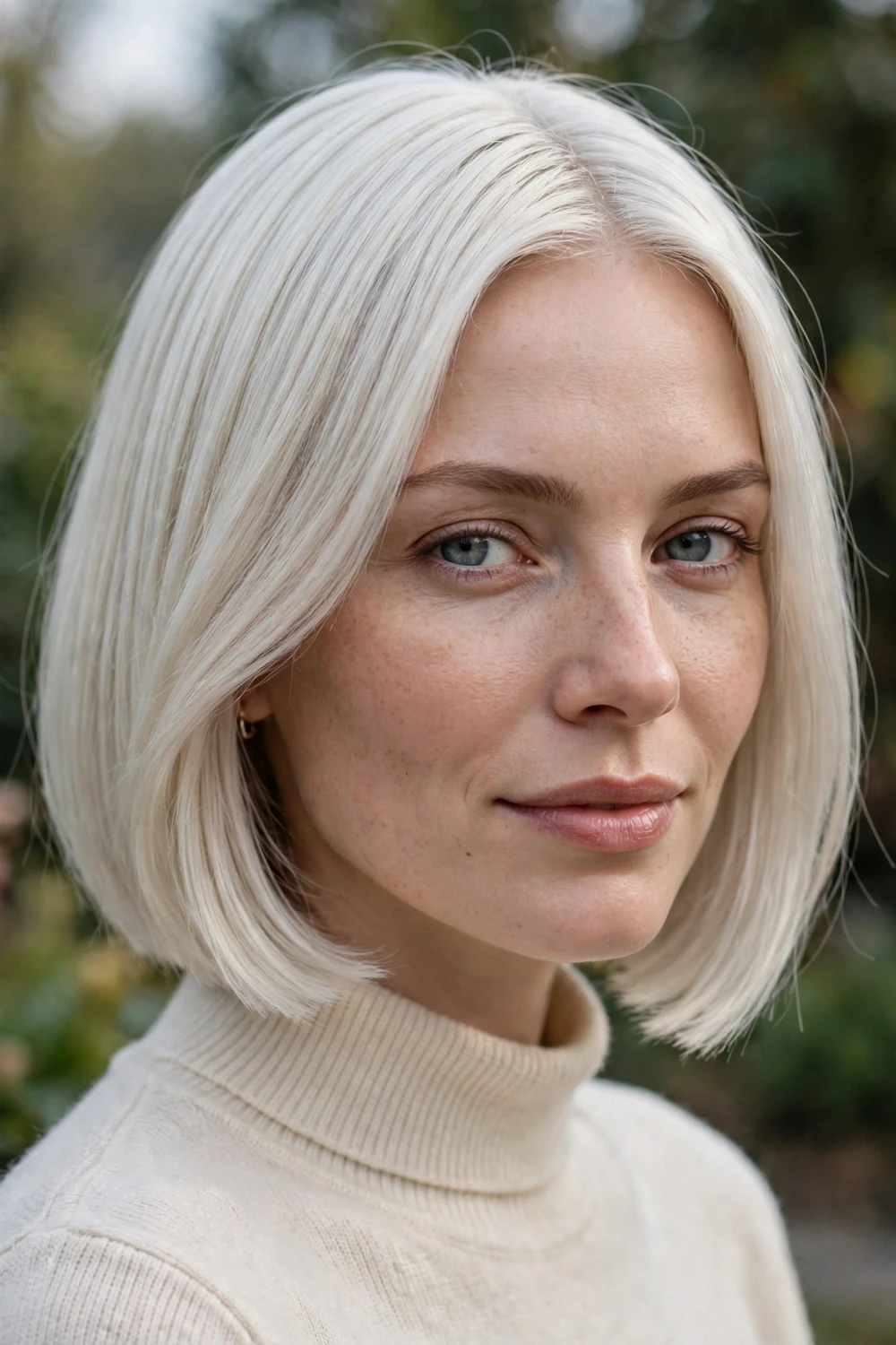 Woman with a platinum blonde bob, icy white-blonde sleek cut