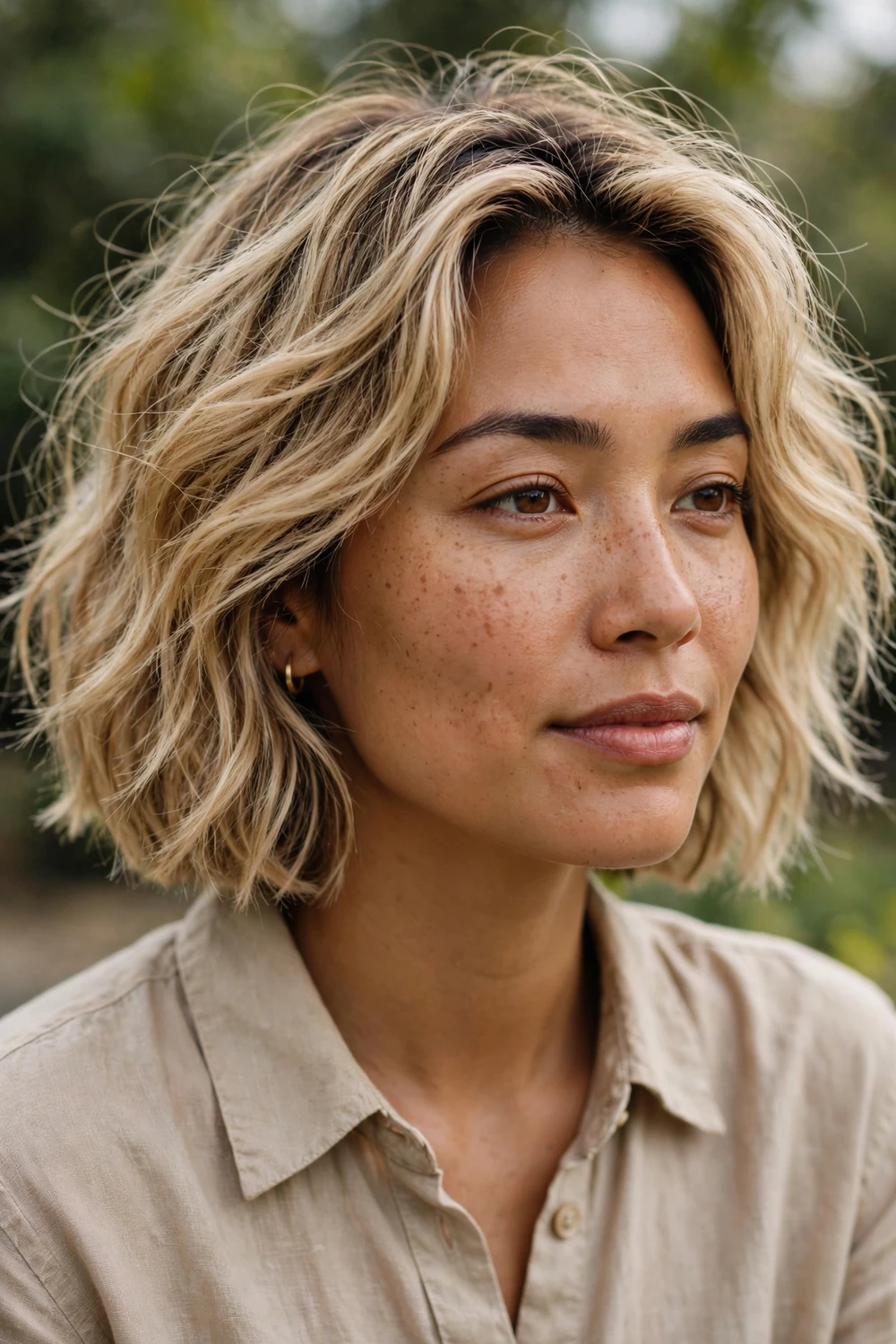 Woman with a short wavy ear-length blonde bob, carefree tousled texture