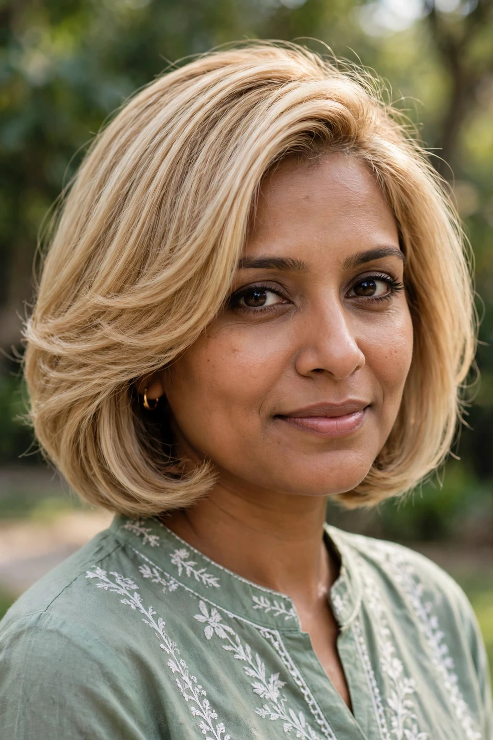 Woman with a side-parted blonde bob, sweeping part and soft volume
