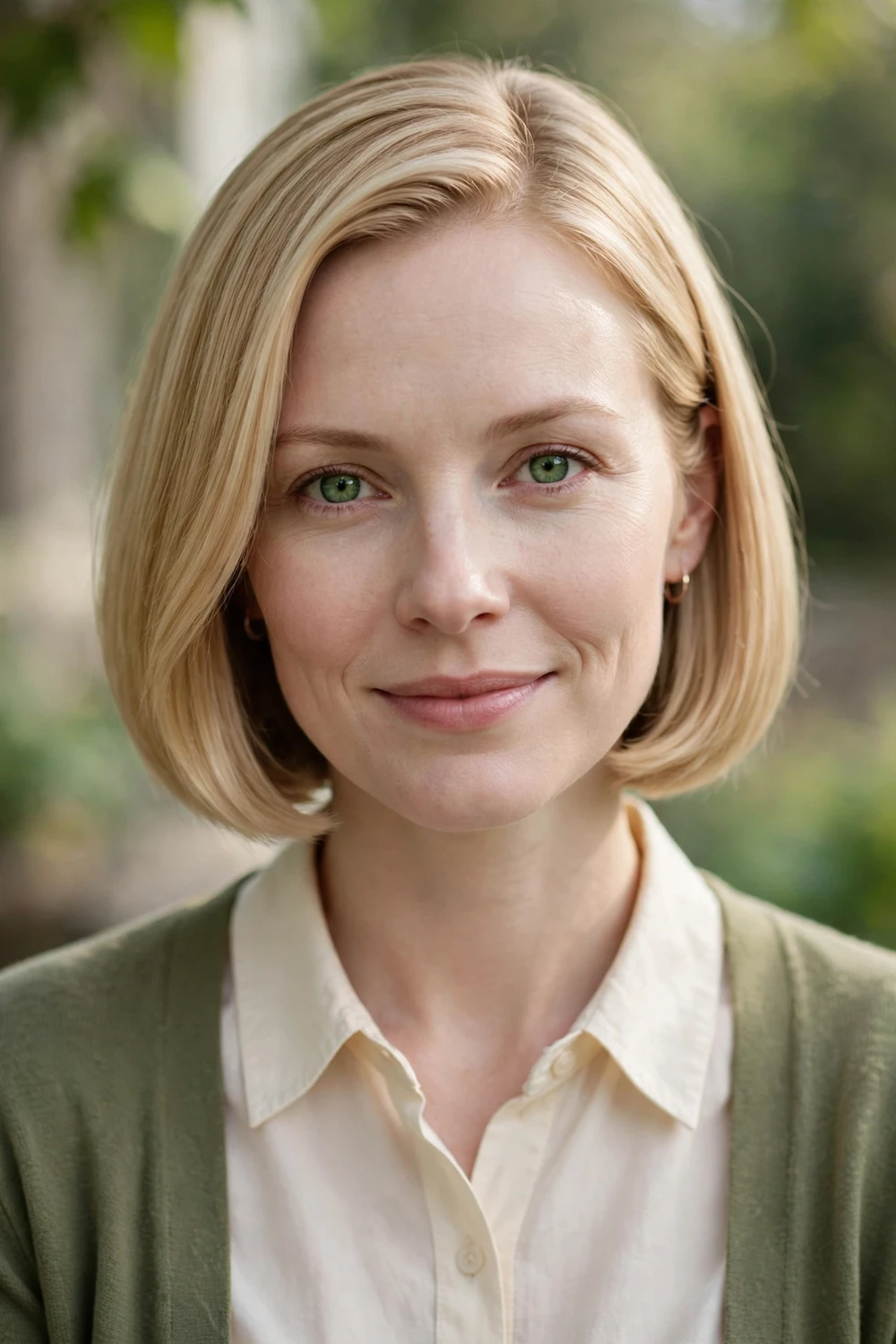 Woman with a sleek polished blonde bob, smooth professional neck-length cut