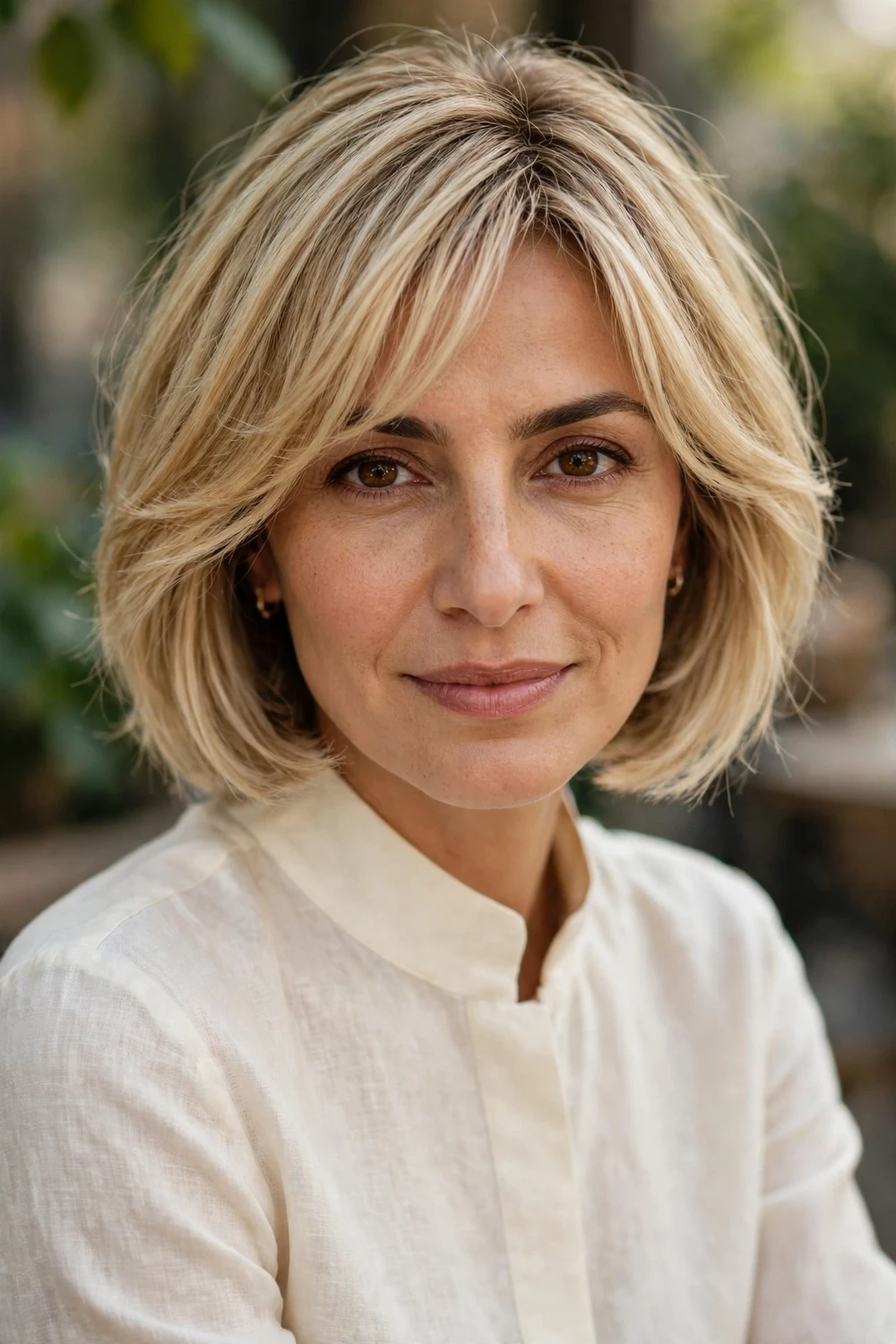 Woman with a jawline blonde bob and soft layered bangs, chic and classy