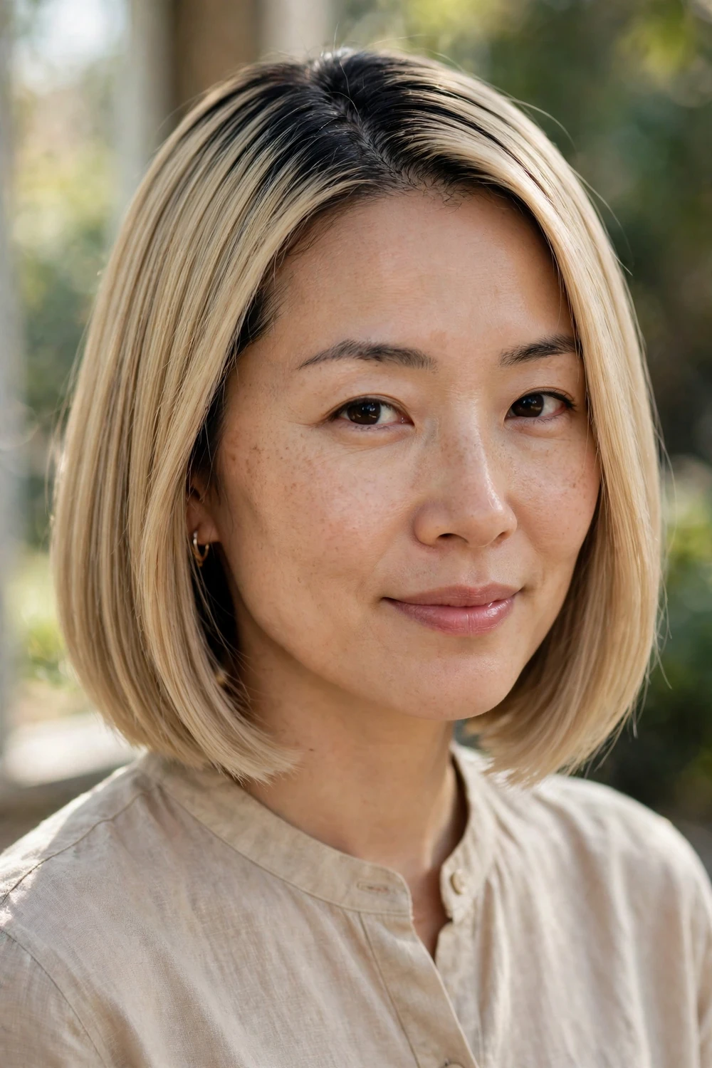 Woman with a straight blonde bob, sleek neck-length hair with subtle dark roots