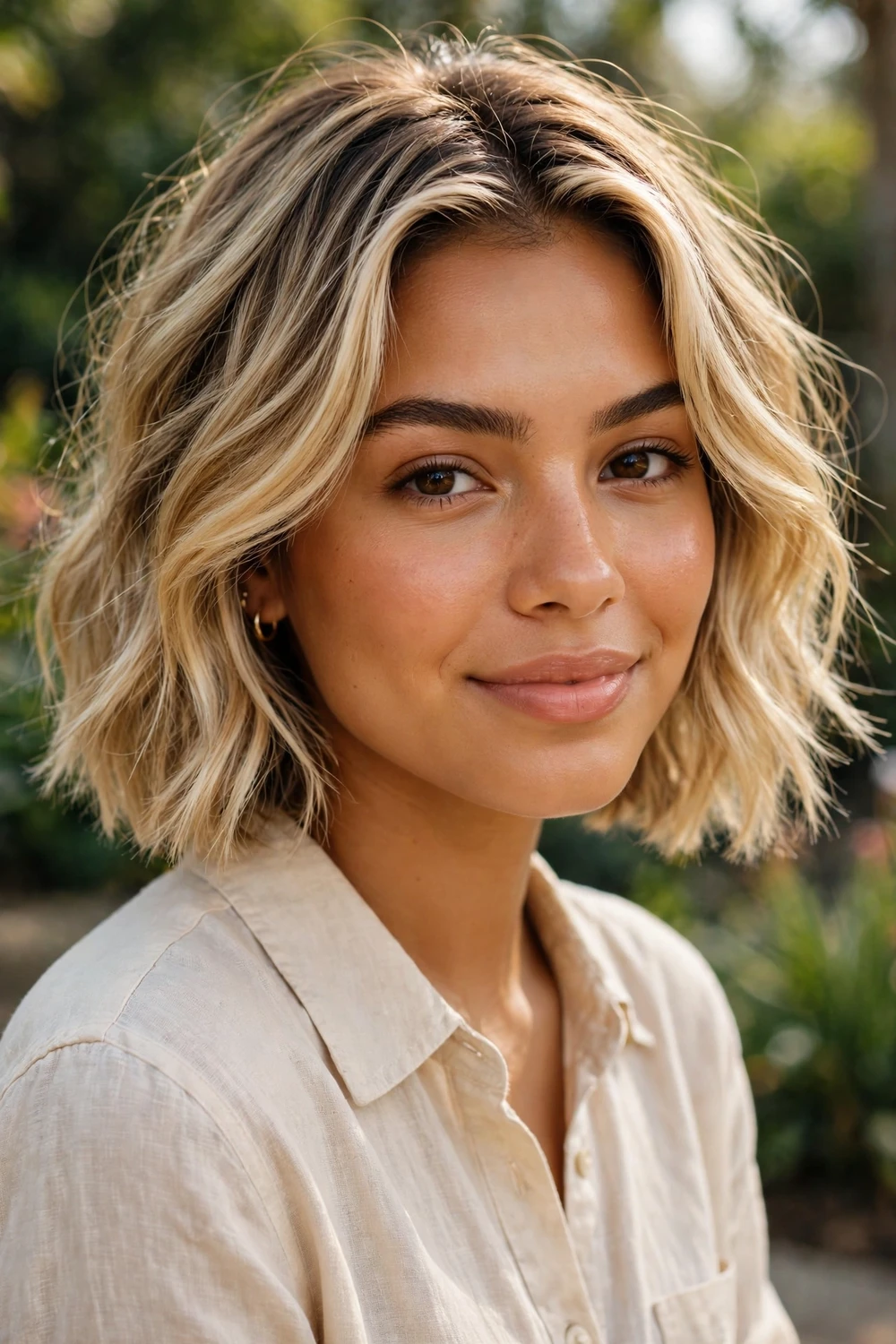 Woman with a summer sunkissed blonde bob, bright face-framing highlights and beachy waves