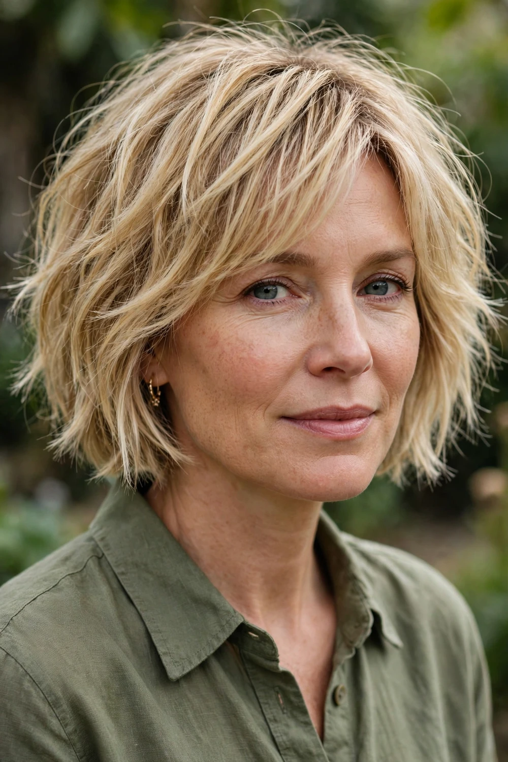 Woman with a textured blonde bob, choppy layers and piecey movement