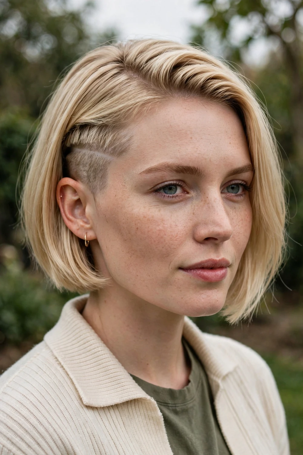 Woman with a blonde bob with hidden undercut details, edgy contrast